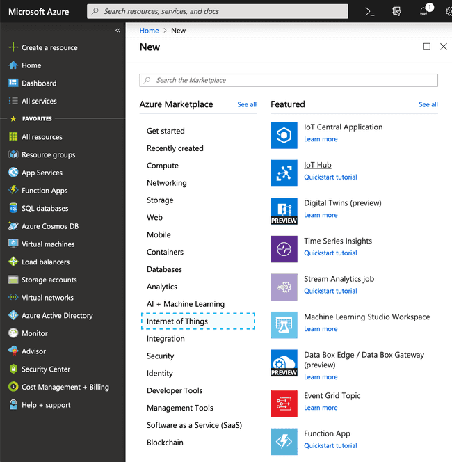Click "Internet of Things" and "IoT Hub".