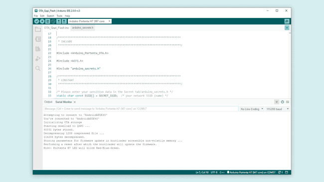 Arduino Portenta H7 OTA QSPI Serial Monitor Log