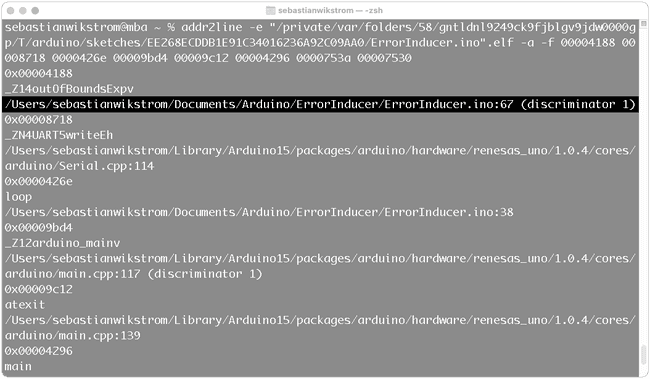 Reading the addr2line stack trace in Terminal.