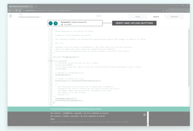 Uploading a sketch to the Portenta C33 in the Arduino Cloud