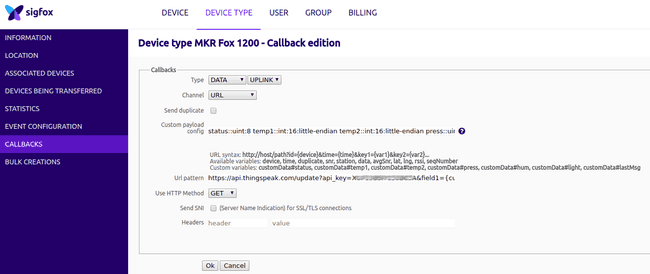 Callback on SigFox backend (use your API key!)