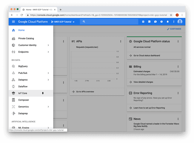 Now click the menu icon in the top left hand side and click on "IoT Core".