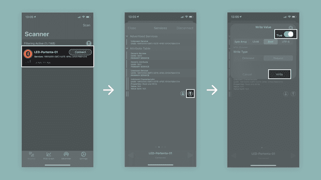 In the nRF Connect app use a Bool toggle switch to toggle the built-in LED.