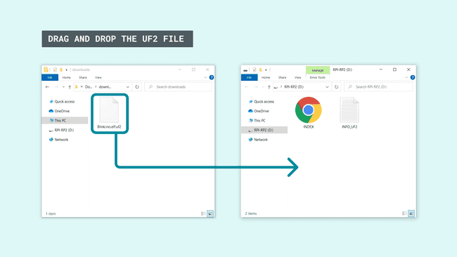 Drag and drop the blink.ino.elf.uf2 file into RP2040's mass storage.