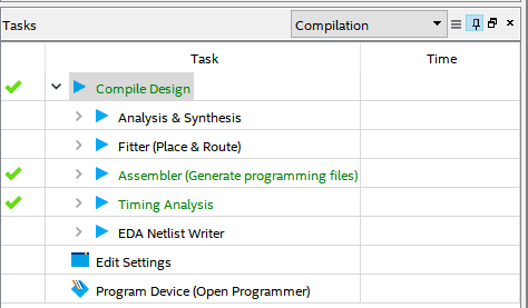 Compiling the design in Quartus.